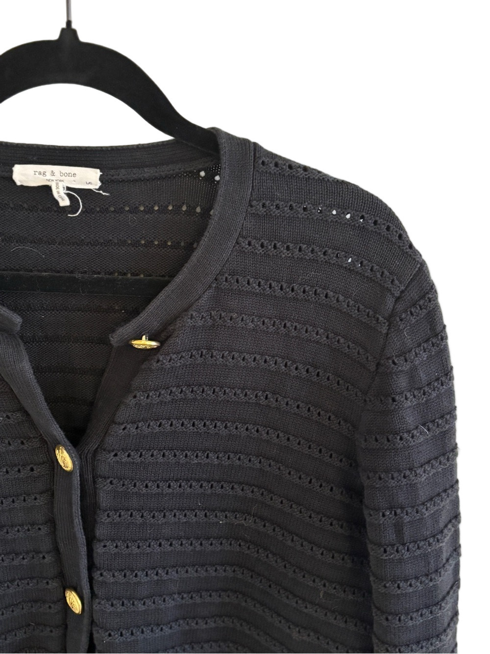 Rag & Bone Marlee Black Knit Cardigan Gold Buttons Organic Cotton L/G - Picture 9 of 14